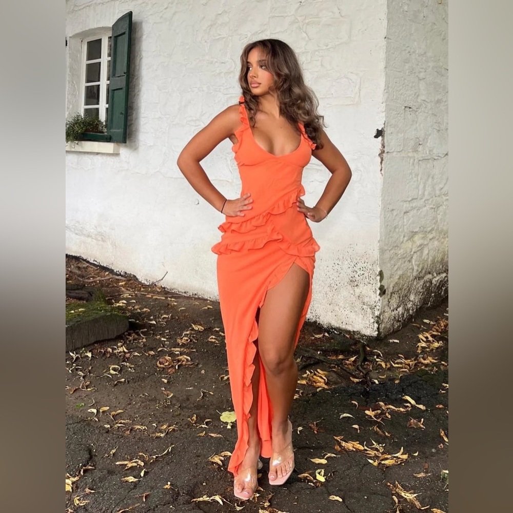 HOUSE OF CB 'Pixie' Flame Orange Ruffle Maxi Dress NWOT - Picture 7 of 15
